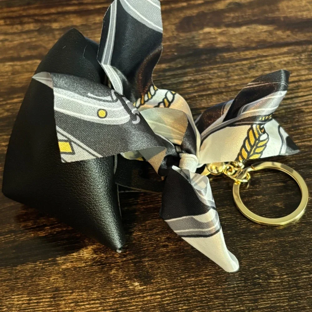 Black Mini Tote Bag Keychain Charm with Scarf Detail and Gold Hardware